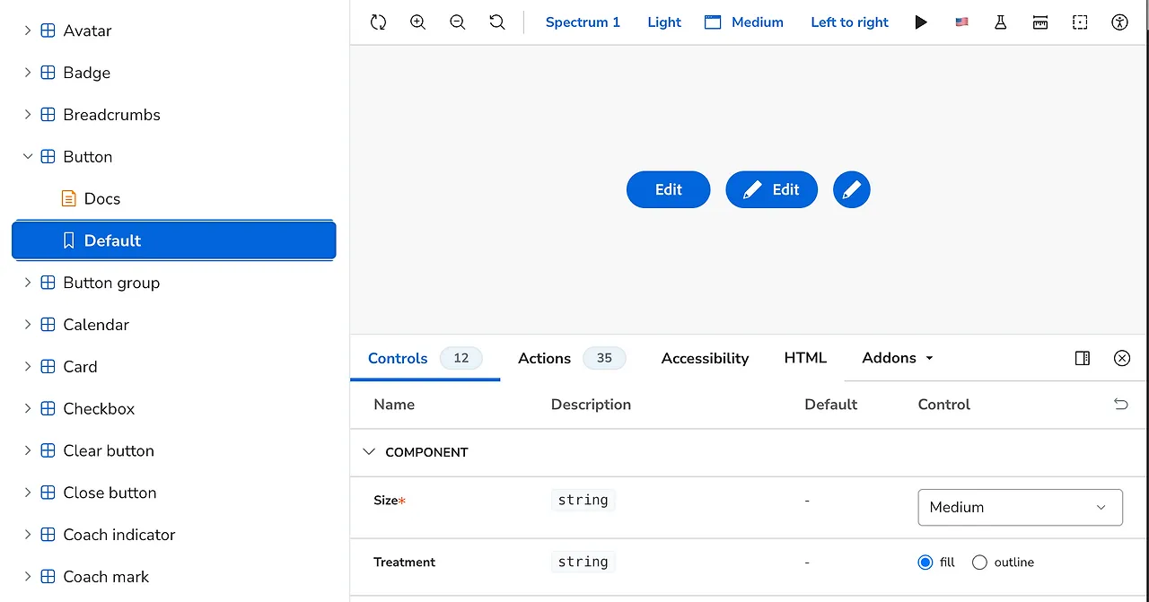 API 가이드 예시: 스토리북으로 Props·상태·동작을 명세한 화면. 출처: Adobe Spectrum UI