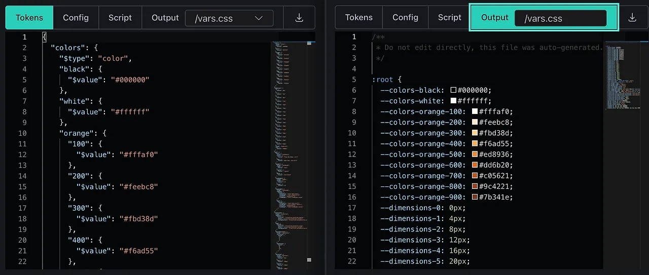 토큰 변환 예시: 디자인 토큰(JSON)을 CSS 변수 등 코드 형식으로 변환