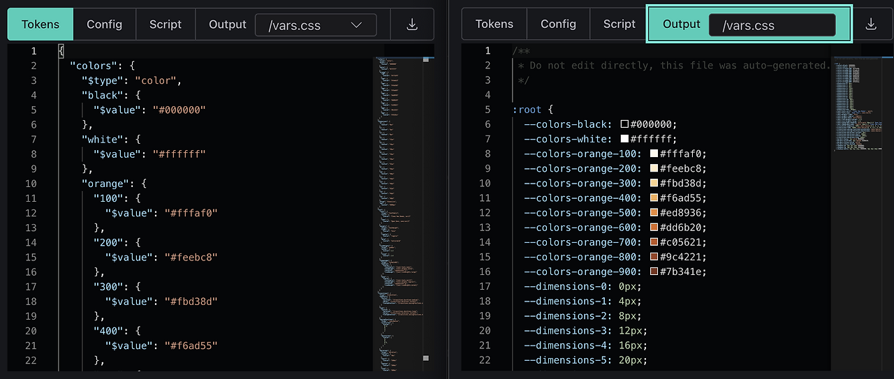 피그마에서 추출한 토큰을 css로 변환한 예시